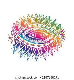 Eye vector illustration. Hand drawn mystical sketch design. Black and white line. Hippie doodle style