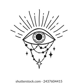Eye vector illustration, hand drawn third eye celestial boho line art logo, mystic moon tattoo elements for decoration