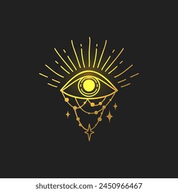 Eye vector illustration, hand drawn third eye celestial boho line art logo, mystic moon tattoo elements for decoration