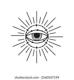 Eye vector illustration, hand drawn third eye celestial boho line art logo, mystic moon tattoo elements for decoration