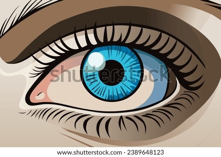 Eye vector illustration - High detailed semi realistic closeup of human female eye with bright blue iris in carton comic style vector illustration