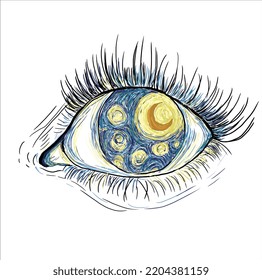 Eye vector inspired by Van Gogh's starry night painting. Starry night drawing inside the pupil