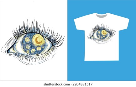 Eye Vector Inspired By Van Gogh's Starry Night Painting. Starry Night Drawing Inside The Pupil. Printable T-shirt Design