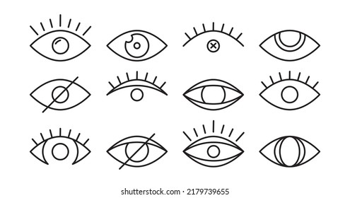Eye vector line icon, vision symbol, look sign set outline design, see. Editable stroke. Black pictogram different shape isolated on white background. Simple illustration
