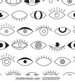 Eye vector seamless pattern, black and white line print, trendy doodle background, retro memphis texture. Simple look illustration