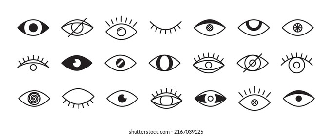 Eye vector set, vision symbol, look icon outline design, see, black line pictogram different shape isolated on white background. Simple illustration