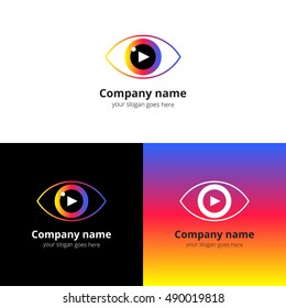 Eye video logo vector with play music button. Film, cinema, sound button with colorful yellow, blue, red, violet gradient color logotype template. Media creative Vision technology for service.