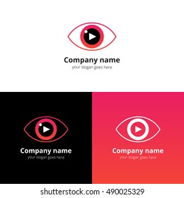 Eye video logo vector with play music button. Film, cinema, sound button with colorful red-pink gradient color logotype template. Media creative Vision technology for service.