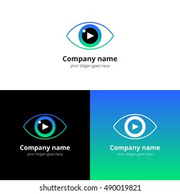 Eye video, media, music sound button and play icon vector logo. Movie film strips flat logo icon vector template. Symbol and button with green-blue gradient for cinema, television, industrial service.