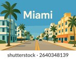 A pedestrian’s eye view of the vibrant and lively Ocean Drive in Miami, lined with palm trees and showcasing the iconic Art Deco architecture of the famous street.
