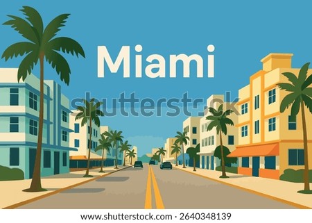 A pedestrian’s eye view of the vibrant and lively Ocean Drive in Miami, lined with palm trees and showcasing the iconic Art Deco architecture of the famous street.