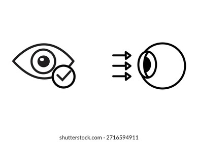 Concepto de cuidado de la visión con el icono del ojo y la marca de verificación que indica buena vista. El símbolo muestra los rayos de luz que ingresan al ojo para una prueba de visión o corrección, que representan la oftalmología y la salud ocular.