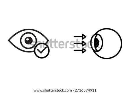 Eye Vision care concept with eye icon and check mark indicating good eyesight. Symbol shows light rays entering eye for vision test or correction, representing ophthalmology and eye health.