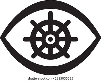 eye, vision, nautical, maritime, marine, ship, wheel, helm, steering, navigation, ocean, sea, sailor, captain, voyage, cruise, port, harbor, compass, security, surveillance, watch, lookout, visibility, focus, symbol, icon, vector, glyph, outline, silhouette, minimal, flat, black, isolated, transport, boating, yacht, seafaring, illustration