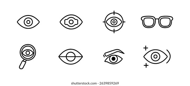 Eye, vision outline icon set. optics, glasses, sight linear icons collection
