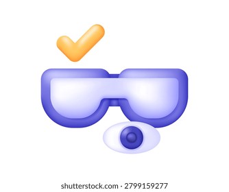 Eye or vision protection concept. Occupational health and safety. HSE. 3D style illustration of a check mark, safety glasses, and eye symbols. Workplace safety equipment. Symbols, decorative elements. 3D vector.