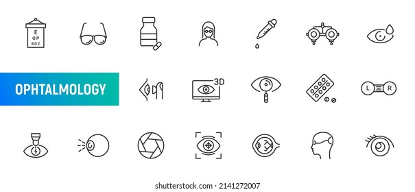 Eye vision stroke icon. Ophthalmology glasses vector optometry health care. Eye lens medical symbol icons