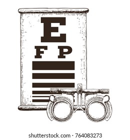 Eye vision test and trial lens frame, poor eyesight myopia diagnostic on Snellen eye test chart. Vision correction with glasses. Vector.