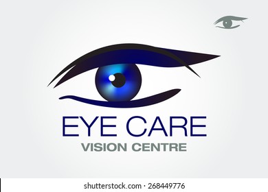 Eye vision vector business sign design template. Optometrist, Ophthalmologist, glasses, Contact lenses, Vision Research icon. Eye medication labeling. Human eye with shining blue iris. Sample text
