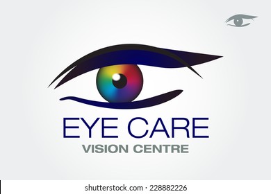 Eye vision vector icon design template. Optometrist, Ophthalmologist, glasses, Contact lenses, Vision Research business sign. Eye medication labeling. Human eye with colorful rainbow iris. Sample text