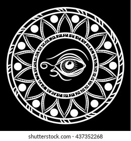 Eye in the white medallion. Horus symbol. Boho style.