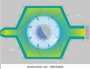 Eye with wires and within a futuristic frame. Editable Clip Art.