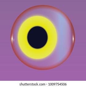 Eye with yellow iris and black pupil. Human health illustration. Closeup human eye drawing. Eyeball on violet background. 