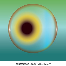 Eye with yellow iris and brown pupil. Human health illustration. Closeup human eye drawing. Eyeball on green and blue background. 