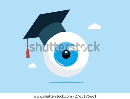 Eyeball in an academic hat. Graduation. Graduation hat. Mortar board. Vector flat illustration
