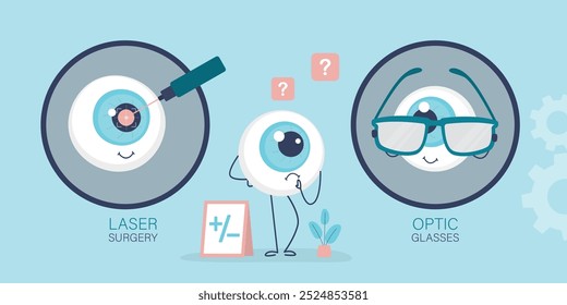 Eyeball before choosing to wear glasses or to have laser vision correction. Funny eye mascot thinks and makes decision. Treatment and correction or glasses for good vision. Eyesight, health care.