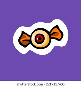 Eyeball candy for Halloween. Sweet creepy eye treat in wrapper. Spooky Helloween holiday sweetmeat, sugar ball in wrapping. Isolated colored flat cartoon vector illustration