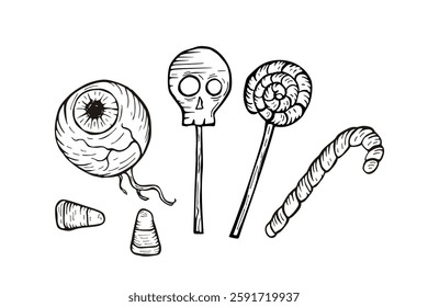 eyeball candy, skull lollipop, and sweets halloween vector illustration