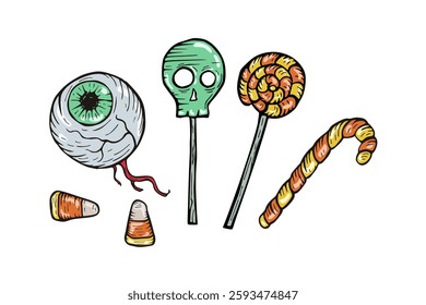 eyeball candy, skull lollipop, and sweets halloween vector illustration