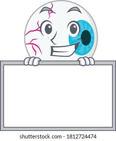 Eyeball cartoon design style standing behind a board