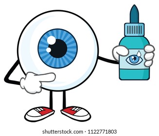 Eyeball Cartoon Mascot Character Holding A Eye Drops Plastic Bottle. Vector Illustration Isolated On White Background