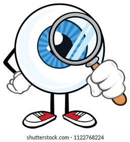 Eyeball Cartoon Mascot Character With A Magnifying Glass. Vector Illustration Isolated On White Background