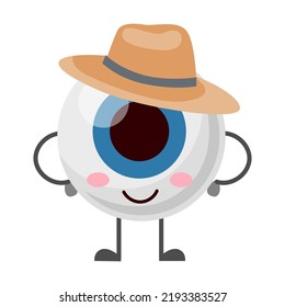 Eyeball character. Cartoon vector illustration. Human organ of vision in various images, in hat, with pencil, catching butterflies