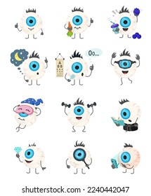 Eyeball carácter emoji set vector ilustración isométrica. Emoticon ojo azul visión sonriente proteger el hábito saludable saludo comiendo zanahoria azul vitamina sueño gafas buscar libro de lectura