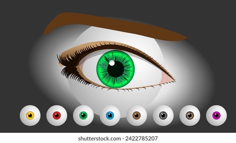 Eyeball-Kollektionsset. Verschiedene Farben von Iris und Schüler. Kann hinter den Augen befestigt werden.