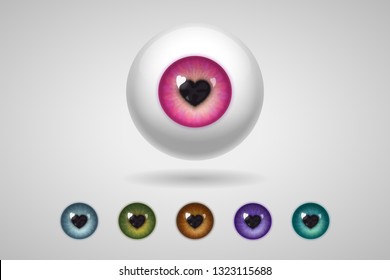 Eyeball and colored irises with heart-shaped pupils, in natural and unnatural colors