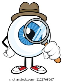 Eyeball Detective Cartoon Mascot Character Look With A Magnifying Glass. Vector Illustration Isolated On White Background