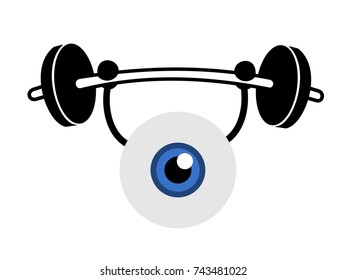 Eyeball is doing weightlifting. Exercise, care and training of eye for better eyesight and vision. Vector illustration, comics style. 