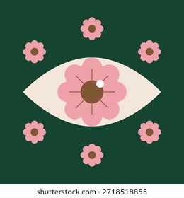 Eyeball. Eye flat vector illustration. Eye and Flower Symbols. Cartoon Eyeball with Flower Symbol. Flower Symbol.