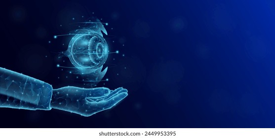 Eyeball floats in the nurse doctor hand. Human organ low poly polygon style. On dark blue background with empty copy space for text. Medical health care concept. Vector illustration.