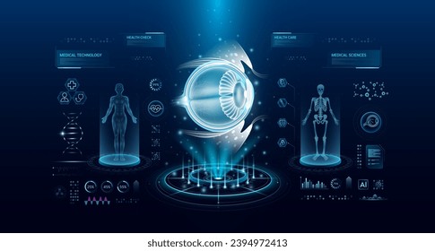 Eyeball health care technology with scan virtual interface hologram style. X ray and MRT human body examination. Medical diagnostic with HUD, UI, GUI. Analysis in futuristic laboratory. Vector EPS10.