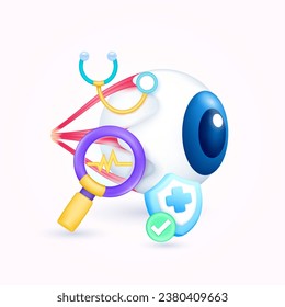 Eyeball health check up with doctor. Yellow heart pulse in magnifying glass looking eye diagnosis and shield symbol cross, check mark button. Medical health care. 3d icon organ anatomy cartoon vector.