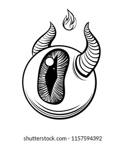 eyeball with horns and fire. scary unusual tattoo. line vector illustration