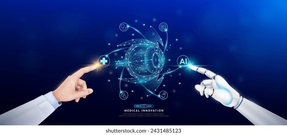 Eyeball human in atom. Doctor and robot finger touching icon AI cross symbol. Health care too artificial intelligence cyborg or technology innovation science medical futuristic. Banner vector EPS10.