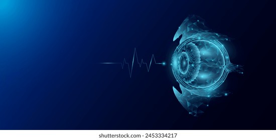 Anatomía del órgano humano del globo ocular en forma de polígono bajo poli futurista y onda de pulso brillante. Anuncio de Plantilla de ciencias médicas con espacio vacío para texto. Ilustración del EPS10 del Vector.