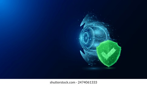 Anatomía del órgano humano del globo ocular en estilo poligonal con marca de verificación en el escudo verde que brilla sobre fondo azul oscuro. Símbolo de protección de la ciencia médica. Anuncio espacio en blanco para texto. Vector EPS10.